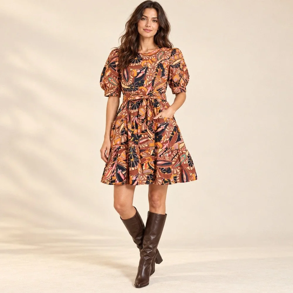 A.L.C. Maya Cotton Mini Dress Womens 8 Brown Abstract Floral Puff Sleeve Belted